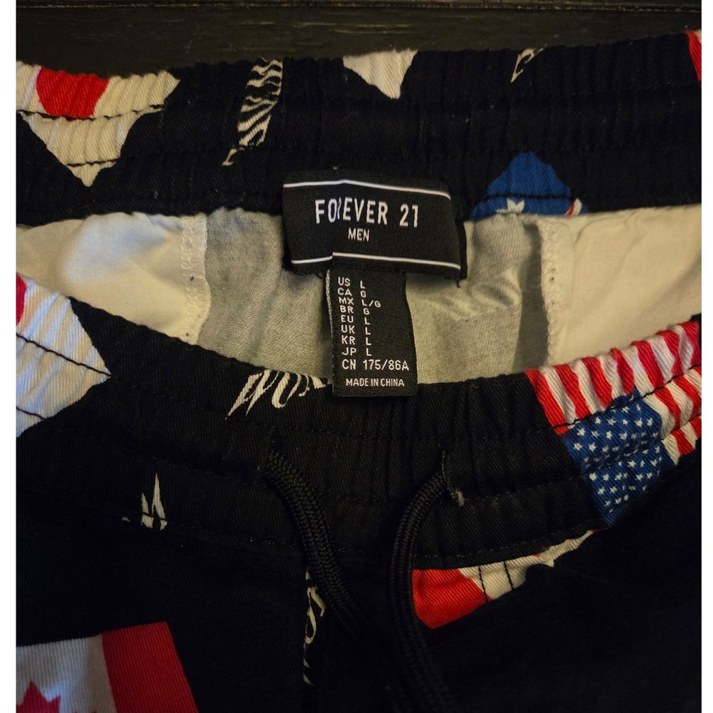 Forever 21 Mens Worldwide Flag Print Shorts Black Size Large Drawstring Casual - Picture 3 of 5